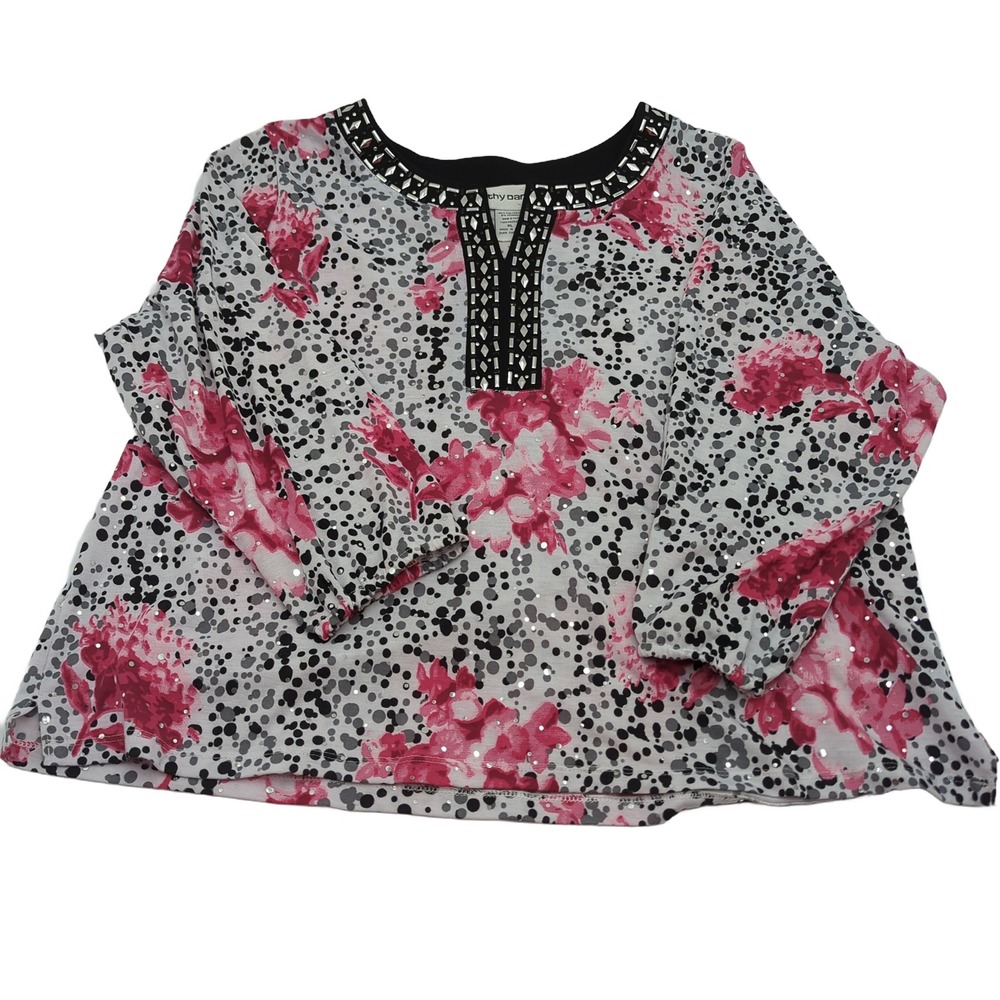 Cathy Daniels Pink Floral Polka Dot Sequin Top Beaded Neck XL
